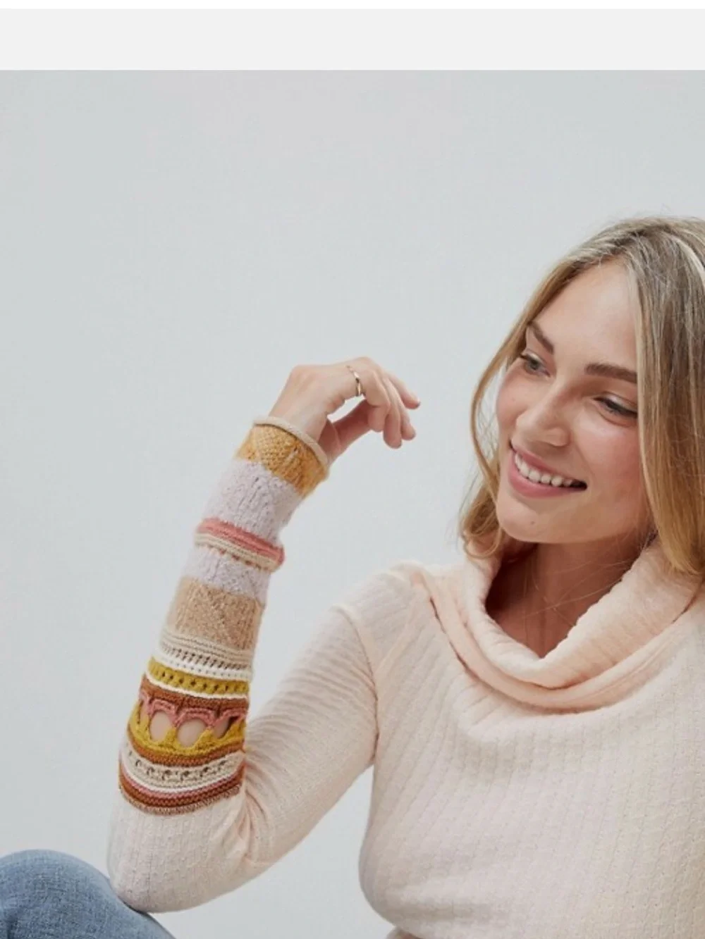 Free People Soft Peach Turtleneck Sweater with Patterned Cuffs Arm Warmer